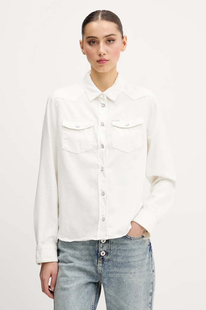 Levně Džínová košile Guess Jeans dámská, bílá barva, regular, s klasickým límcem, W5GH35 D5NW1