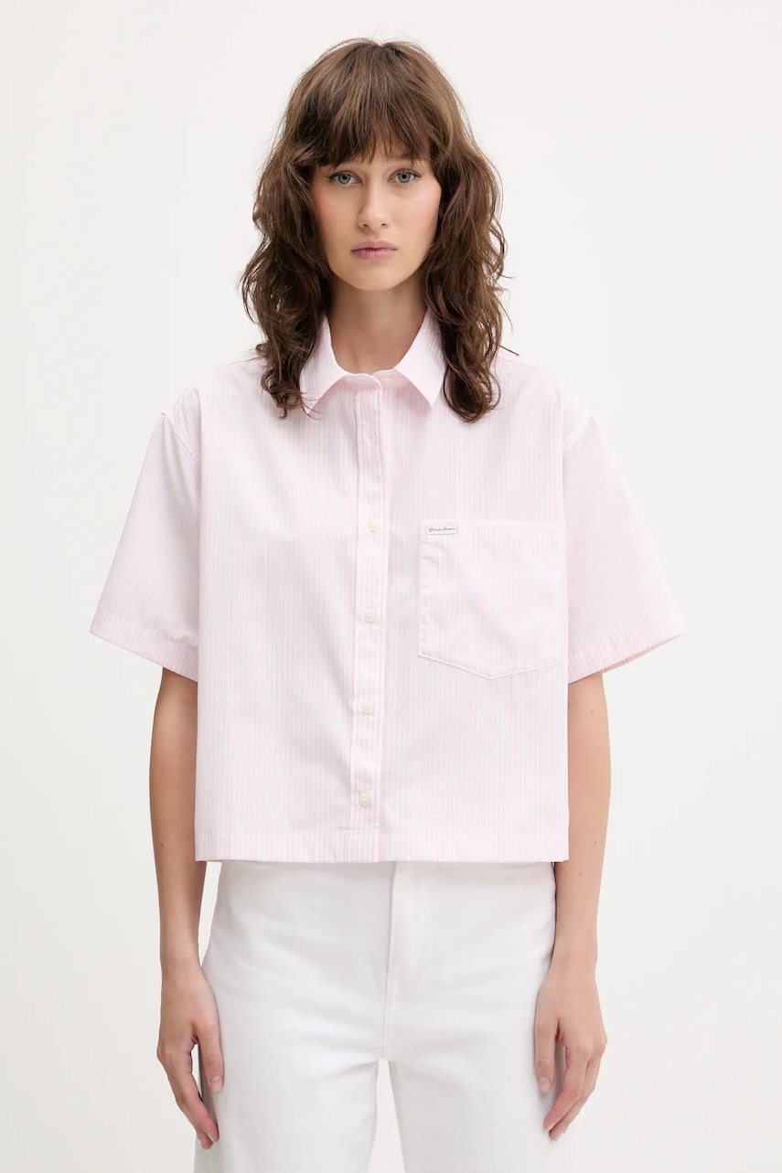 Levně Bavlněná košile Guess Jeans dámská, růžová barva, relaxed, s klasickým límcem, W5GH98 WH7Q1
