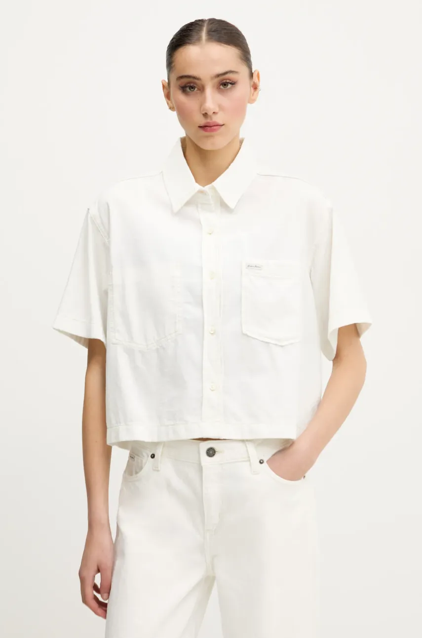 Levně Košile Guess Jeans dámská, bílá barva, relaxed, s klasickým límcem, W5GH0F D5NW1