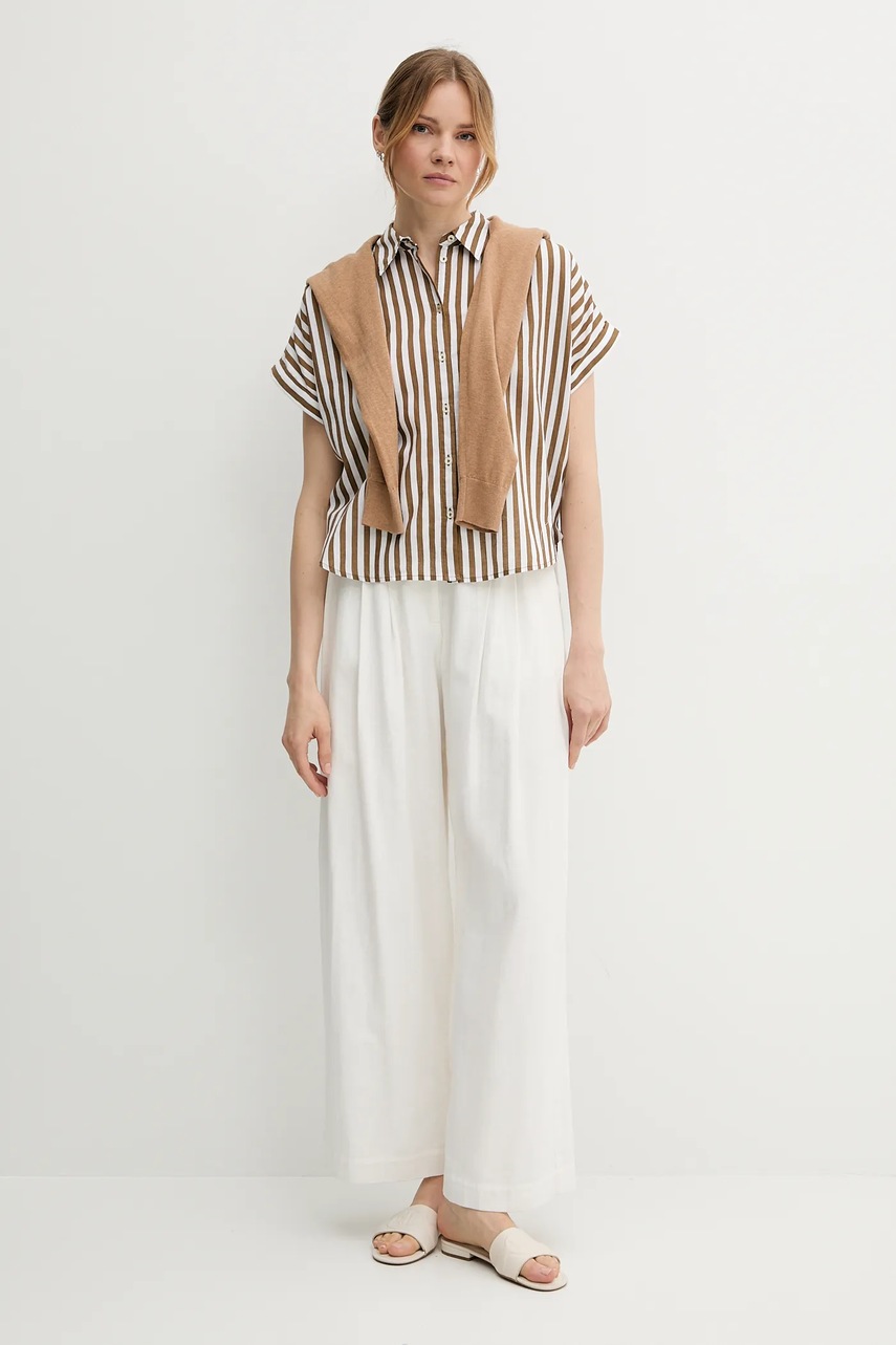 Рубашка с примесью льна United Colors of Benetton цвет коричневый relaxed классический воротник 58I5DQ08M