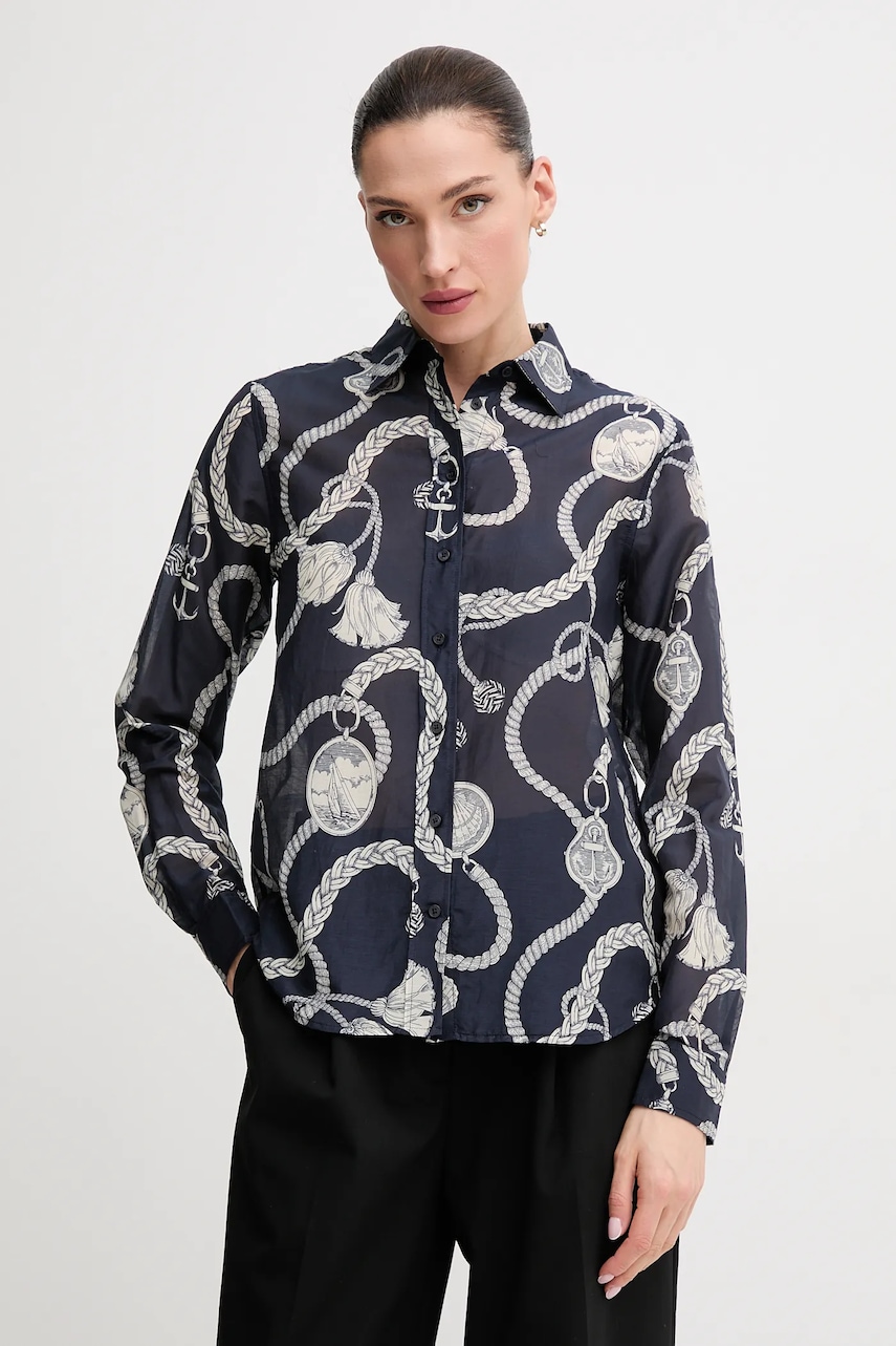 Gant camasa din amestec de matase femei, culoarea bleumarin, cu guler clasic, regular, 4300456