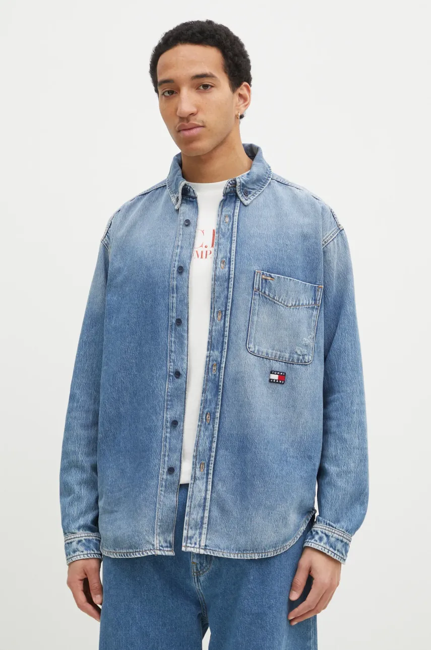 Tommy Jeans camasa jeans barbati, cu guler button-down, relaxed, DM0DM20650