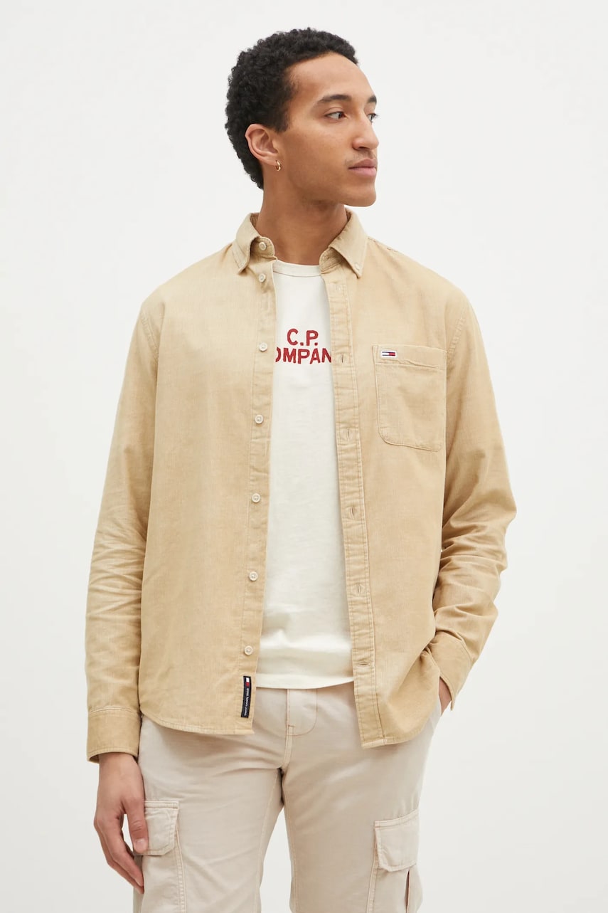 Tommy Jeans camasa din velur culoarea bej, cu guler button-down, regular, DM0DM20672