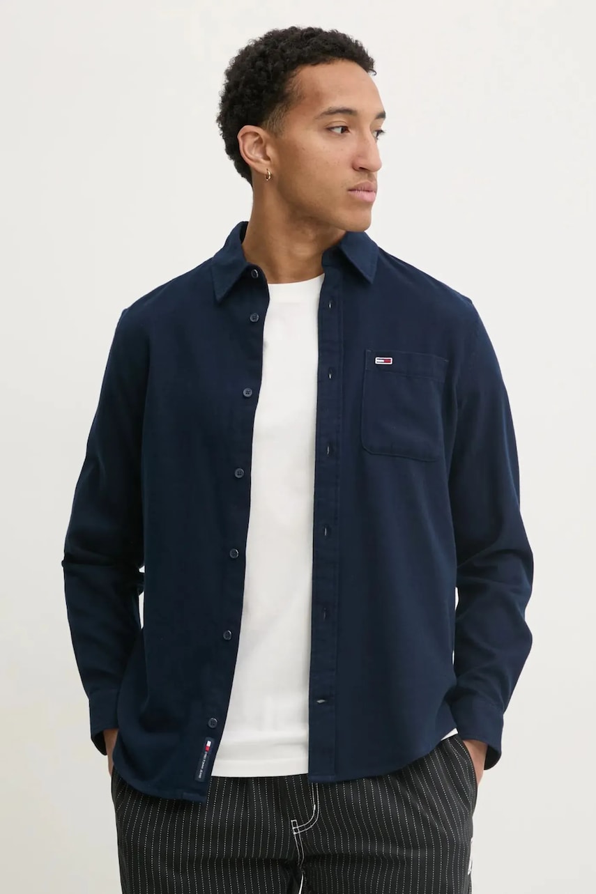 Tommy Jeans cămașă din bumbac bărbați, culoarea bleumarin, cu guler clasic, regular, DM0DM20669 Tommy Jeans cămașă din bumbac bărbați, culoarea bleumarin, cu guler clasic, regular, DM0DM20669