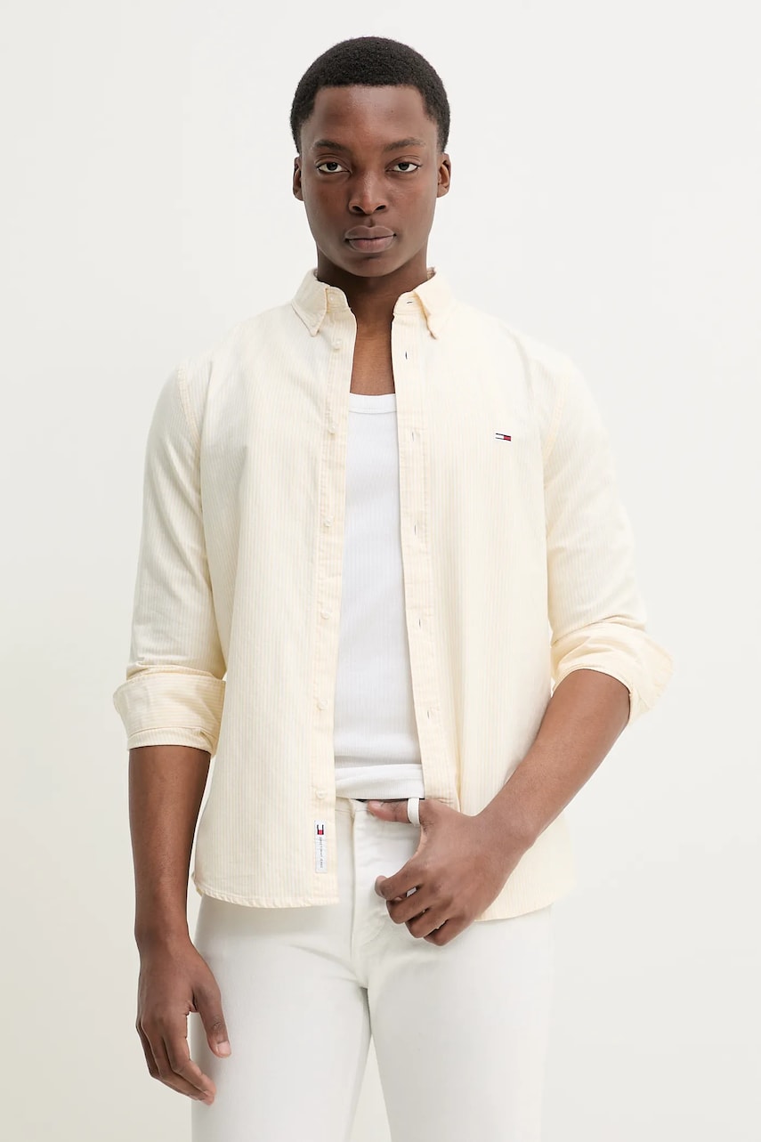 Tommy Jeans camasa din bumbac barbati, culoarea galben, cu guler button-down, slim, DM0DM20668