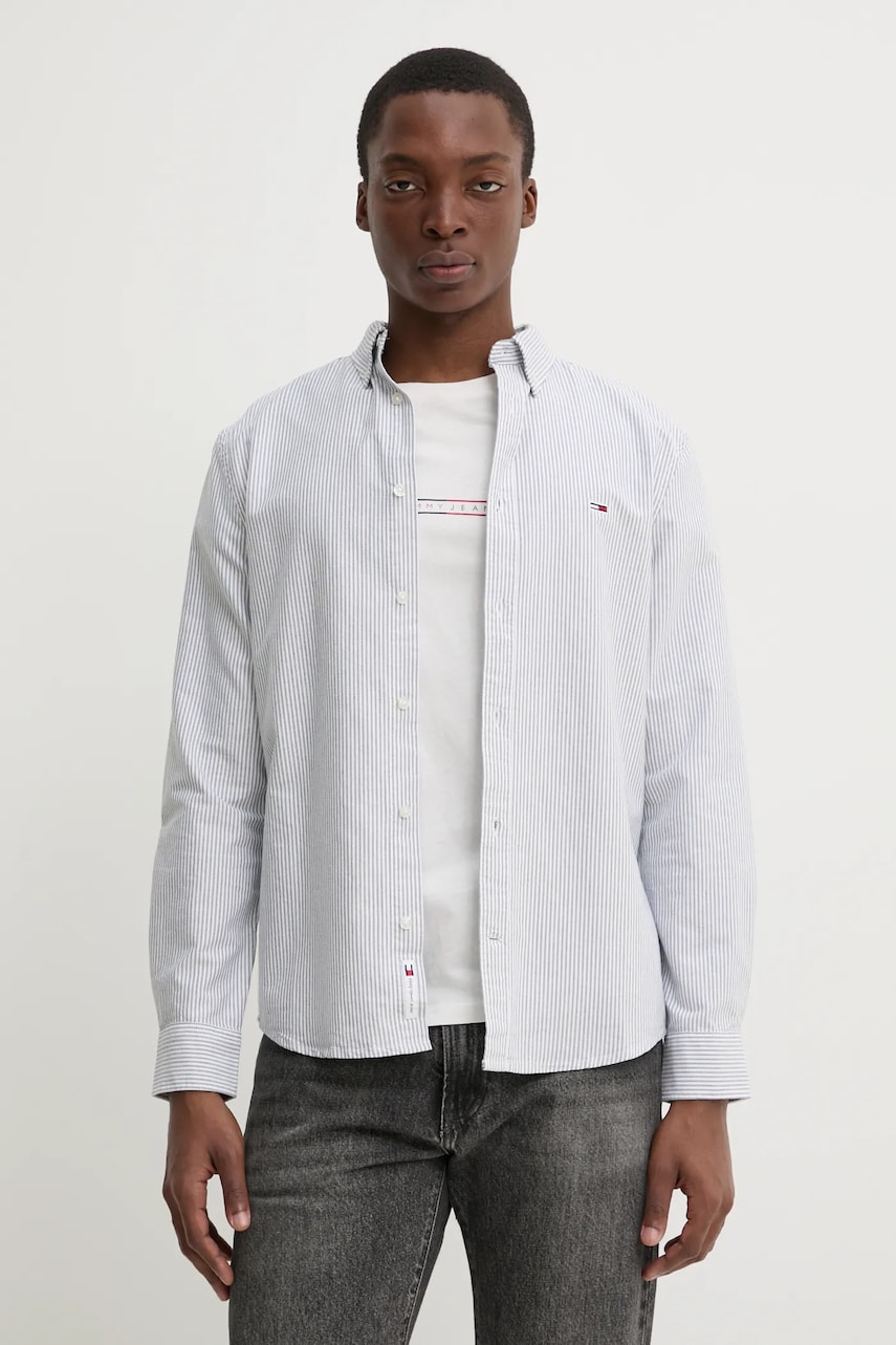 Tommy Jeans camasa din bumbac barbati, culoarea gri, cu guler button-down, slim, DM0DM20668 Tommy Jeans camasa din bumbac barbati, culoarea gri, cu guler button-down, slim, DM0DM20668