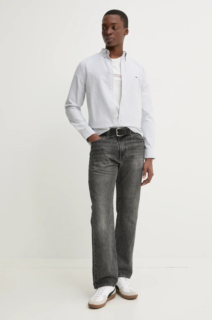 Хлопковая рубашка Tommy Jeans мужская цвет серый slim воротник button-down DM0DM20668 Хлопковая рубашка Tommy Jeans мужская цвет серый slim воротник button-down DM0DM20668