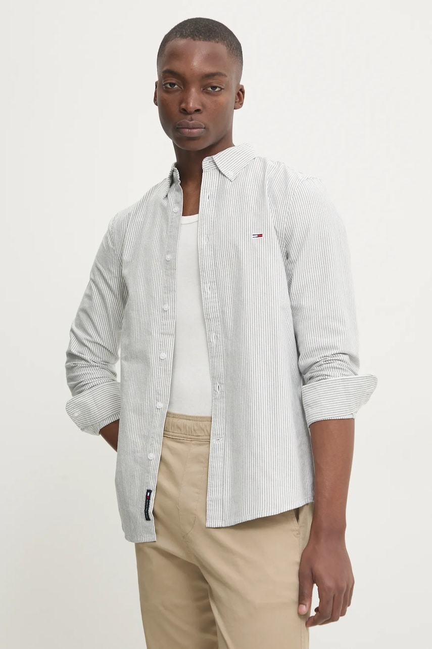 Tommy Jeans camasa din bumbac barbati, culoarea gri, cu guler button-down, slim, DM0DM20668 Tommy Jeans camasa din bumbac barbati, culoarea gri, cu guler button-down, slim, DM0DM20668