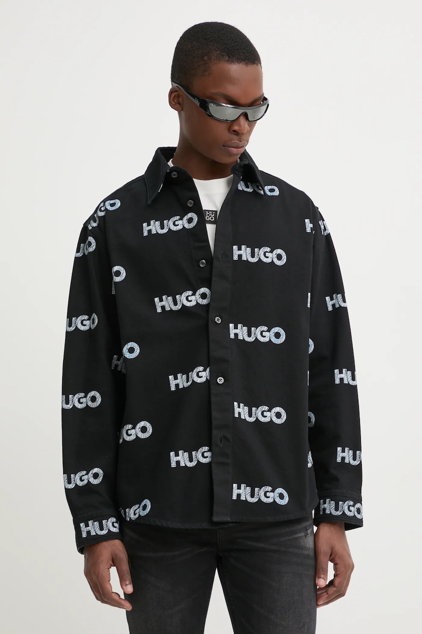 Hugo Blue camasa jeans barbati, culoarea negru, cu guler clasic, relaxed, 50534186