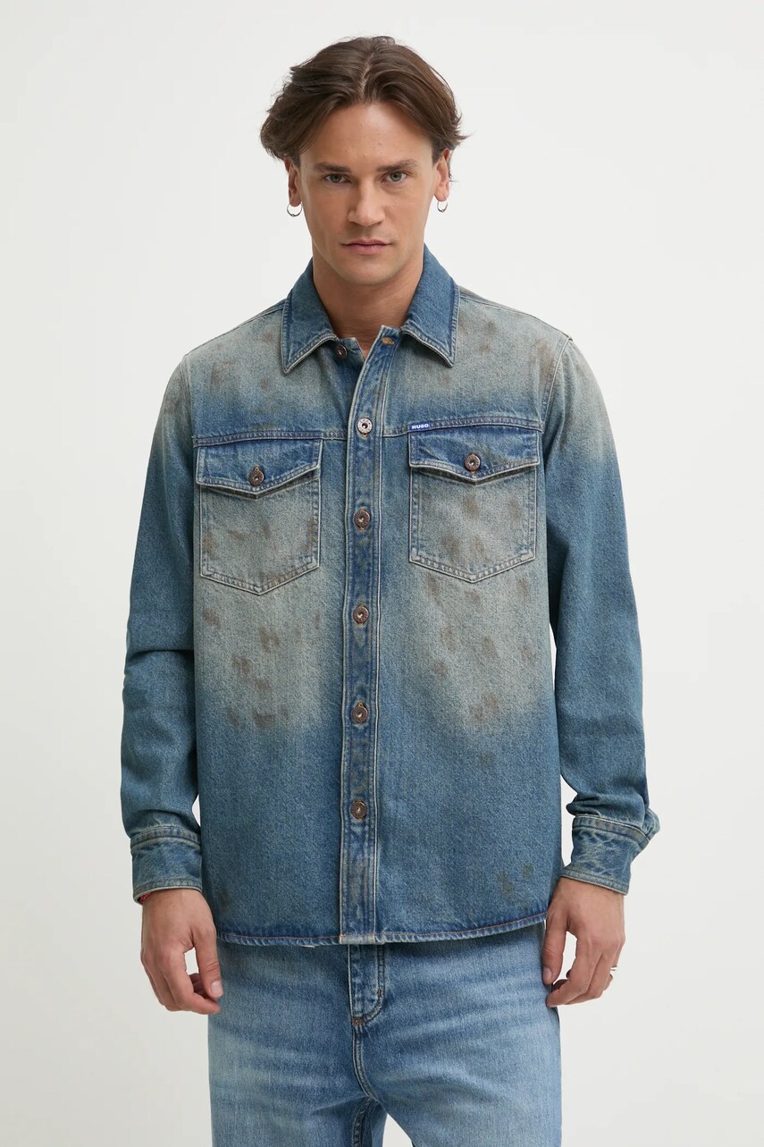Hugo Blue camasa jeans barbati, culoarea albastru marin, cu guler clasic, regular, 50534187