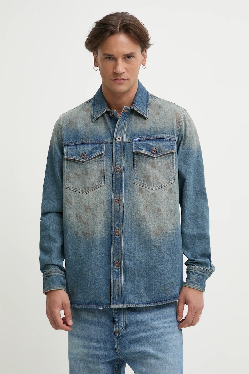 Hugo Blue camasa jeans barbati, culoarea albastru marin, cu guler clasic, regular, 50534187