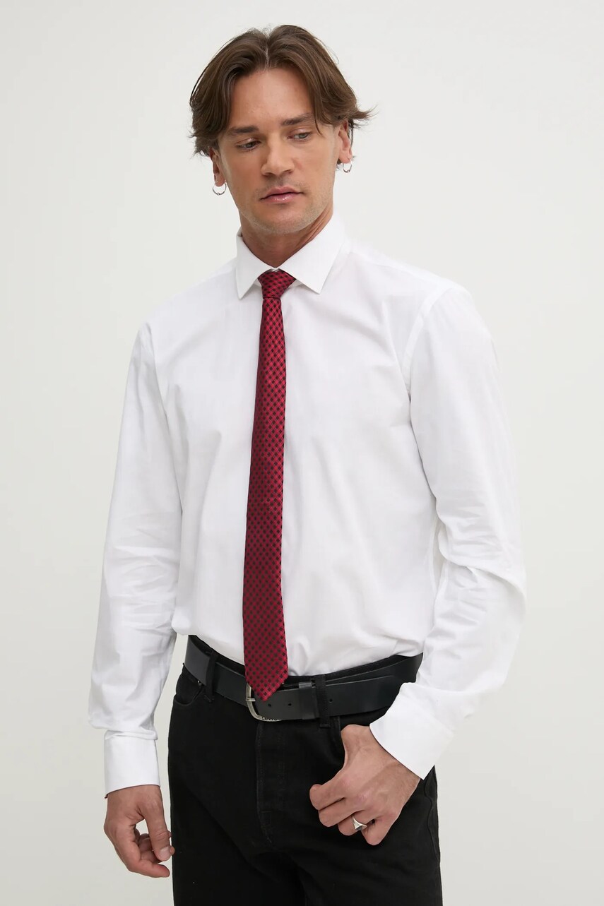 Levně Košile HUGO pánská, bílá barva, slim, s klasickým límcem, 50534124