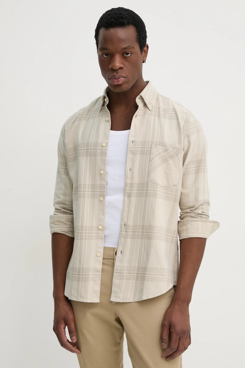 BOSS Orange camasa din bumbac barbati, culoarea bej, cu guler button-down, regular, 50530843 BOSS Orange camasa din bumbac barbati, culoarea bej, cu guler button-down, regular, 50530843