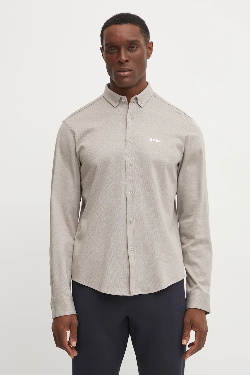 BOSS Green camasa barbati, culoarea bej, cu guler button-down, regular, 50533163 BOSS Green camasa barbati, culoarea bej, cu guler button-down, regular, 50533163