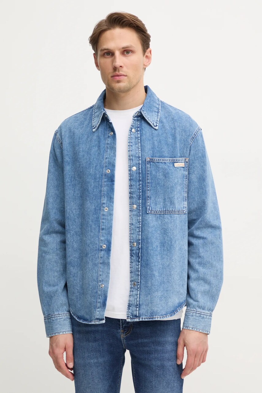 Levně Džínová košile Calvin Klein Jeans pánská, modrá barva, regular, s klasickým límcem, J30J326561