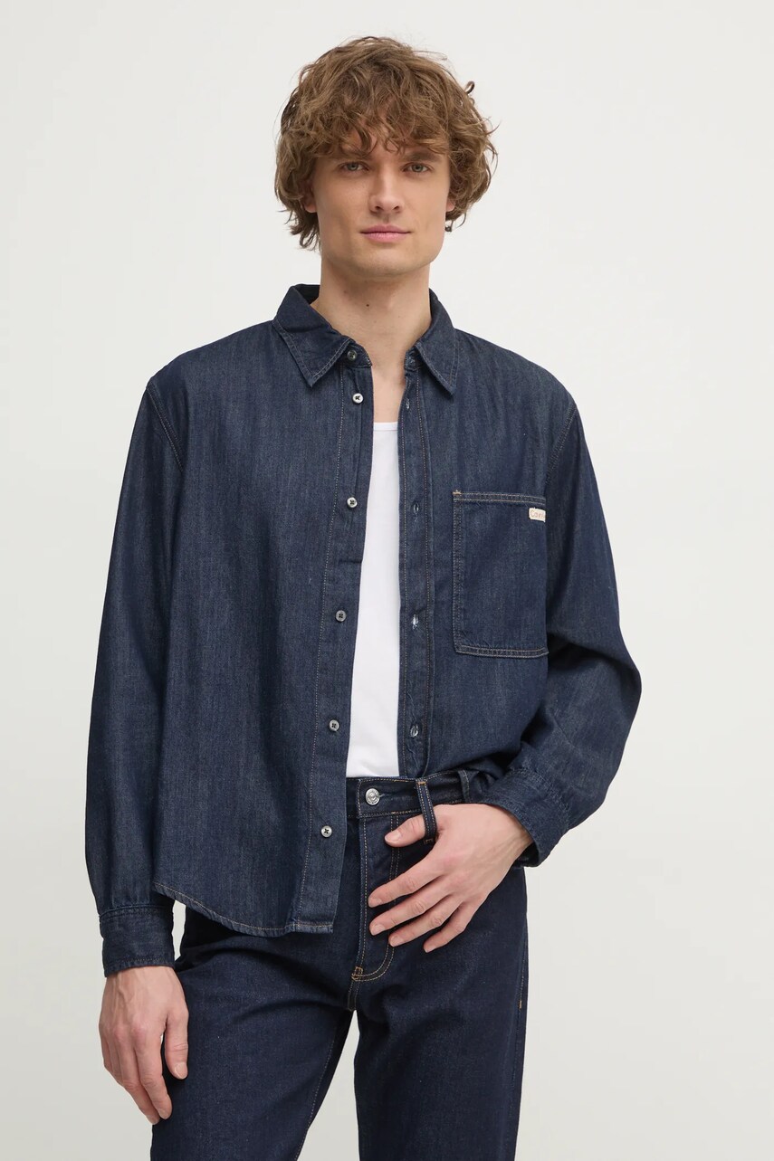 Levně Košile Calvin Klein Jeans pánská, tmavomodrá barva, regular, s klasickým límcem, J30J326584