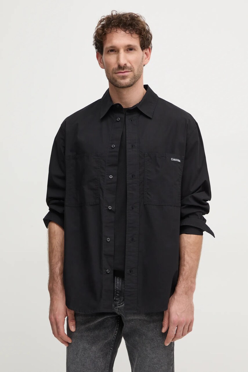 Levně Bavlněná košile Calvin Klein Jeans černá barva, relaxed, s klasickým límcem, J30J326721