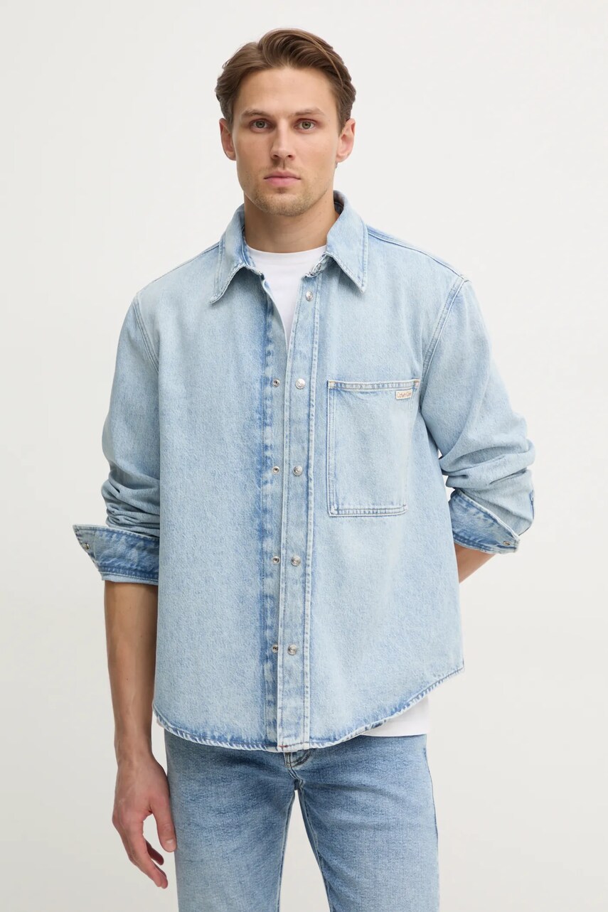 Levně Džínová košile Calvin Klein Jeans pánská, modrá barva, regular, s klasickým límcem, J30J327021