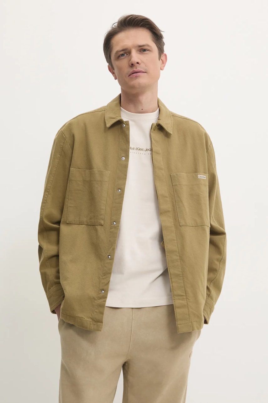 Bavlněná košile Calvin Klein Jeans zelená barva, relaxed, s klasickým límcem, J30J327108