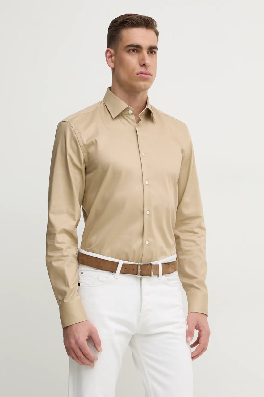 BOSS camasa din bumbac barbati, culoarea bej, cu guler clasic, slim, 50532875 BOSS camasa din bumbac barbati, culoarea bej, cu guler clasic, slim, 50532875