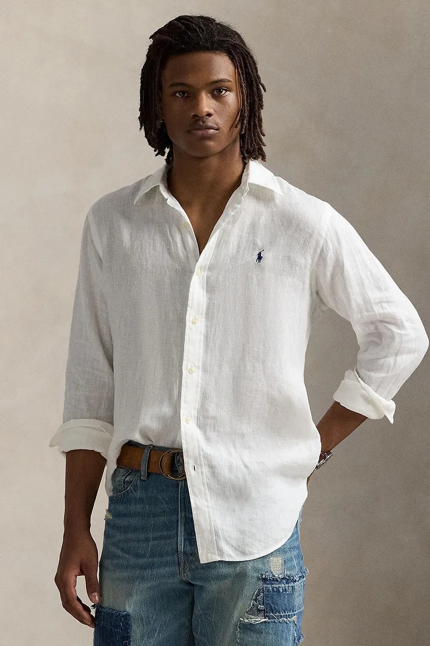

Ленена риза Polo Ralph Lauren в бяло с кройка по тялото с класическа яка 710966295, Бял
