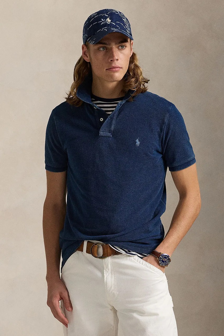 

Памучна тениска с яка Polo Ralph Lauren в синьо с изчистен дизайн 710970582, Син