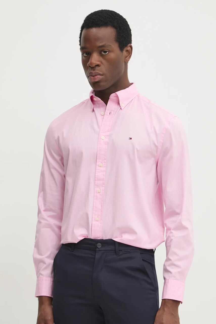 Levně Bavlněná košile Tommy Hilfiger růžová barva, regular, s límečkem button-down, MW0MW37550