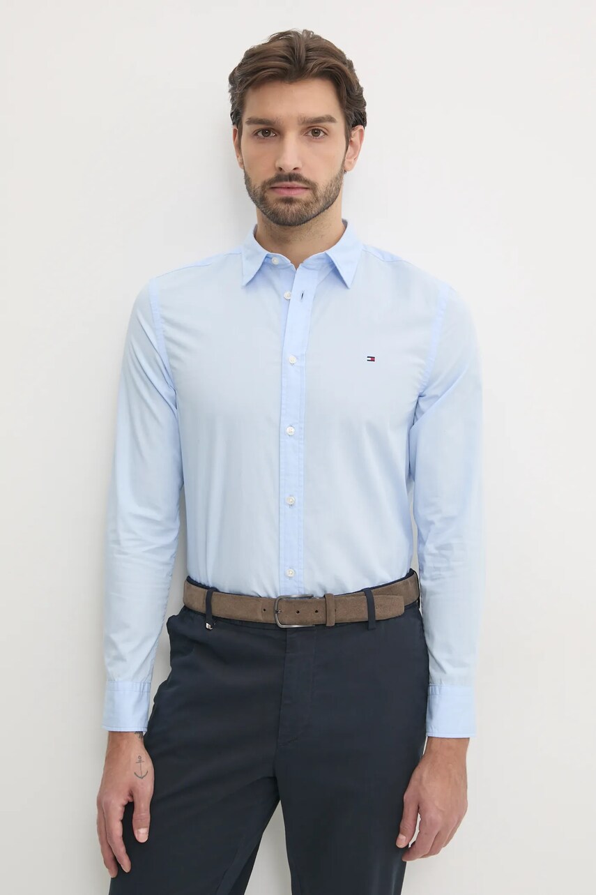 Levně Bavlněná košile Tommy Hilfiger modrá barva, slim, s klasickým límcem, MW0MW38137