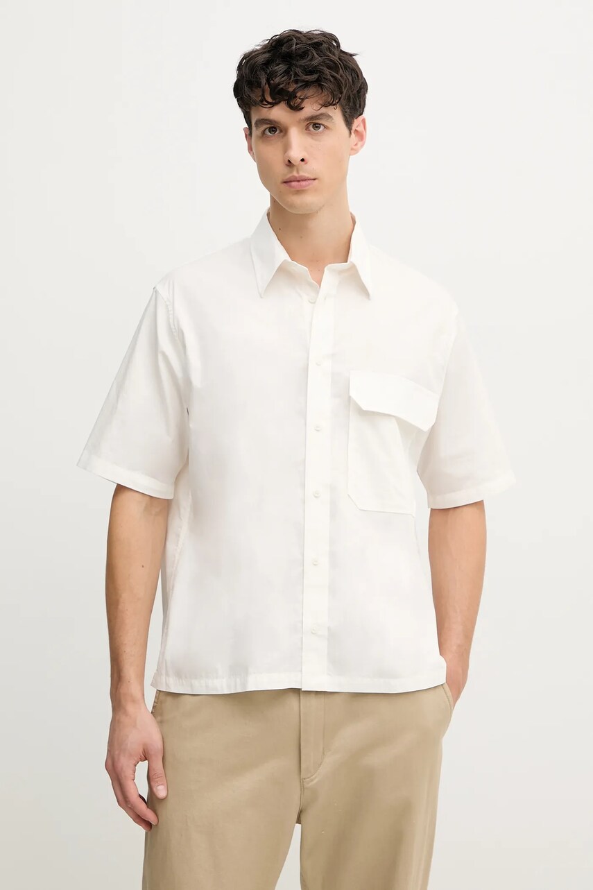 Armani Exchange cămașă din bumbac bărbați, culoarea bej, cu guler clasic, relaxed, XM000449 AF13167