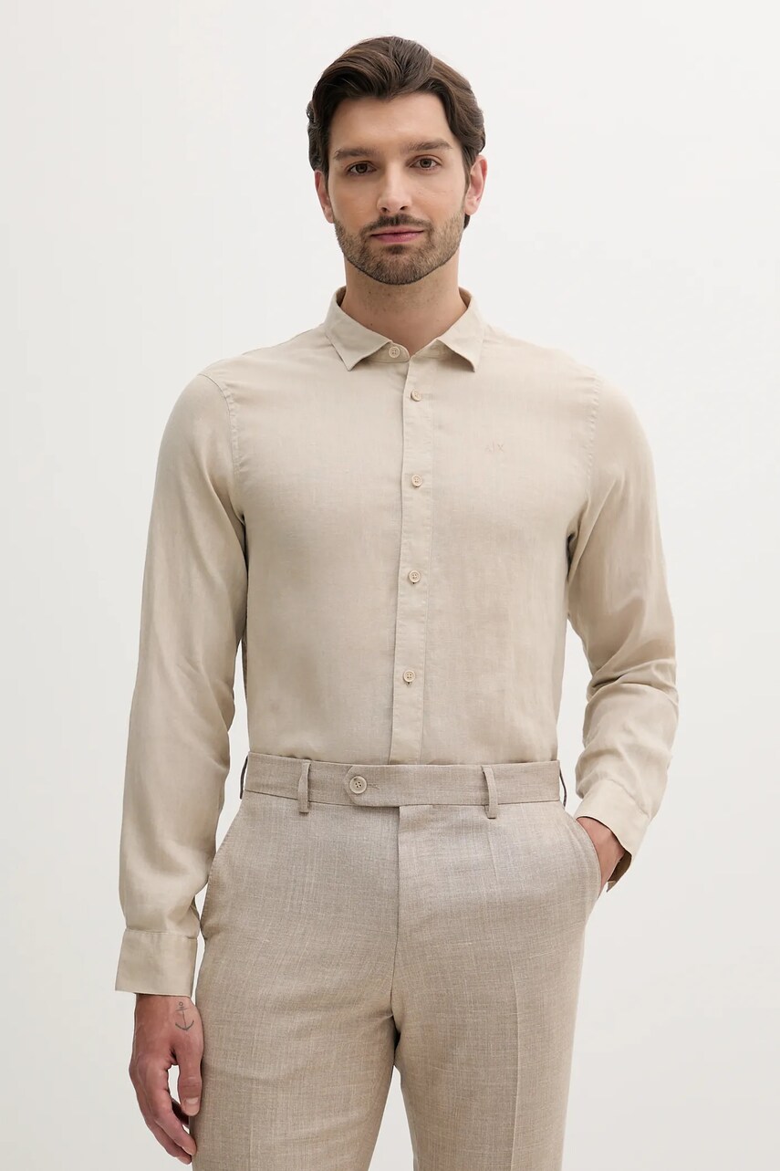 Levně Lněná košile Armani Exchange pánská, béžová barva, regular, s klasickým límcem, XM001221 AF14619