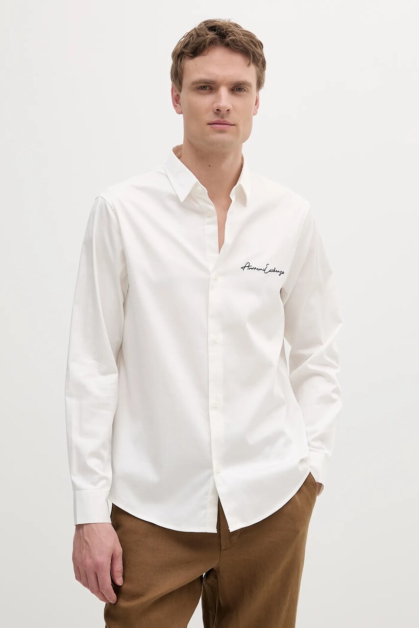 Levně Košile Armani Exchange pánská, béžová barva, regular, s klasickým límcem, XM001224 AF10192