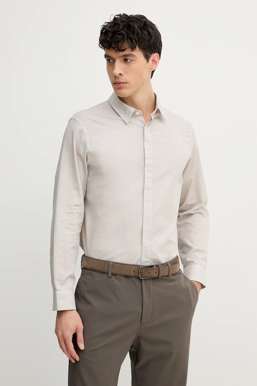 Armani Exchange cămașă din bumbac bărbați, culoarea bej, cu guler clasic, regular, XM000667 AF13169