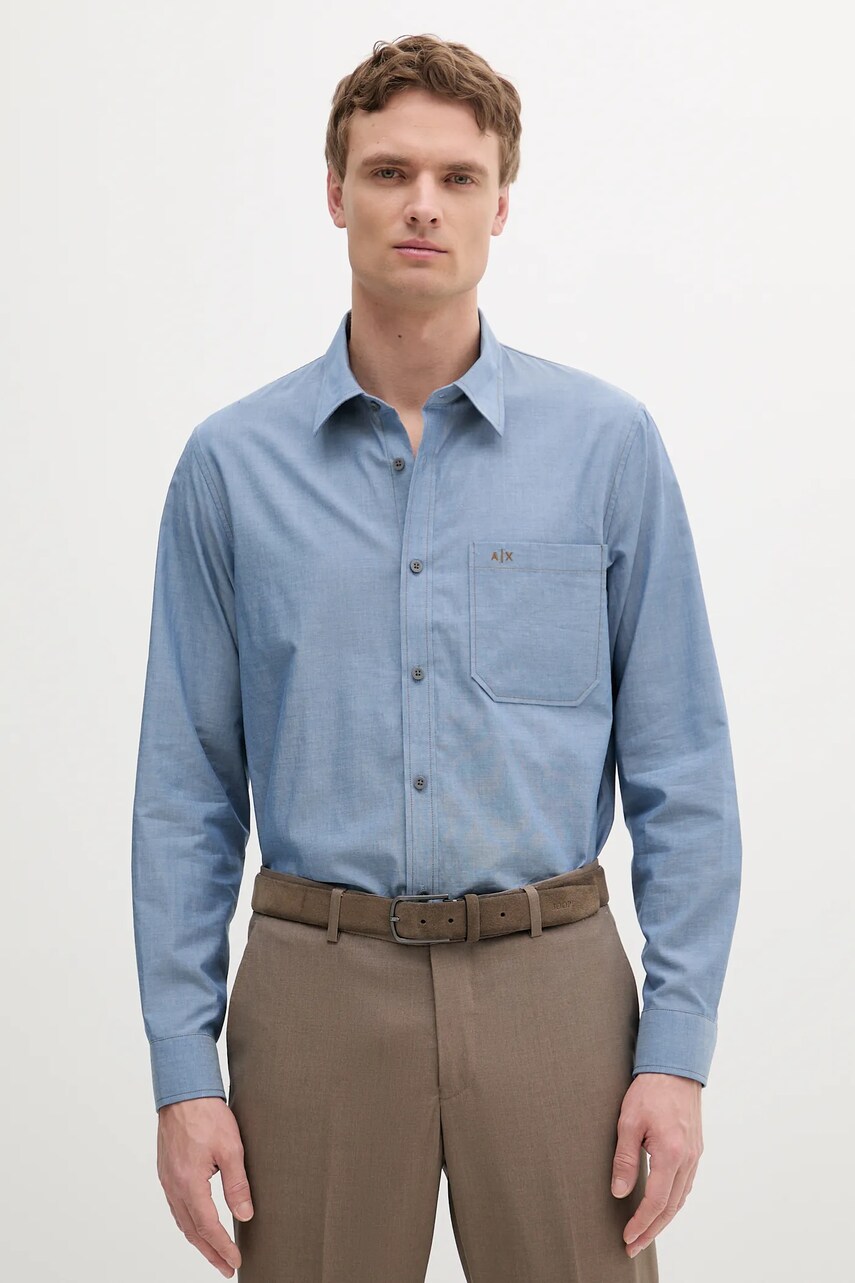 Levně Bavlněná košile Armani Exchange pánská, modrá barva, regular, s klasickým límcem, XM000666 AF13208