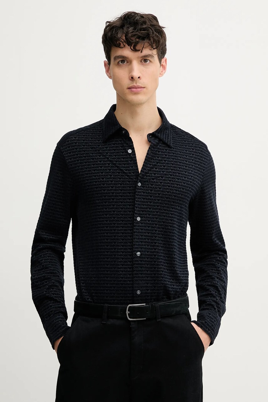 Emporio Armani cămașă bărbați, culoarea albastru marin, cu guler clasic, regular, EM001537 AF10017