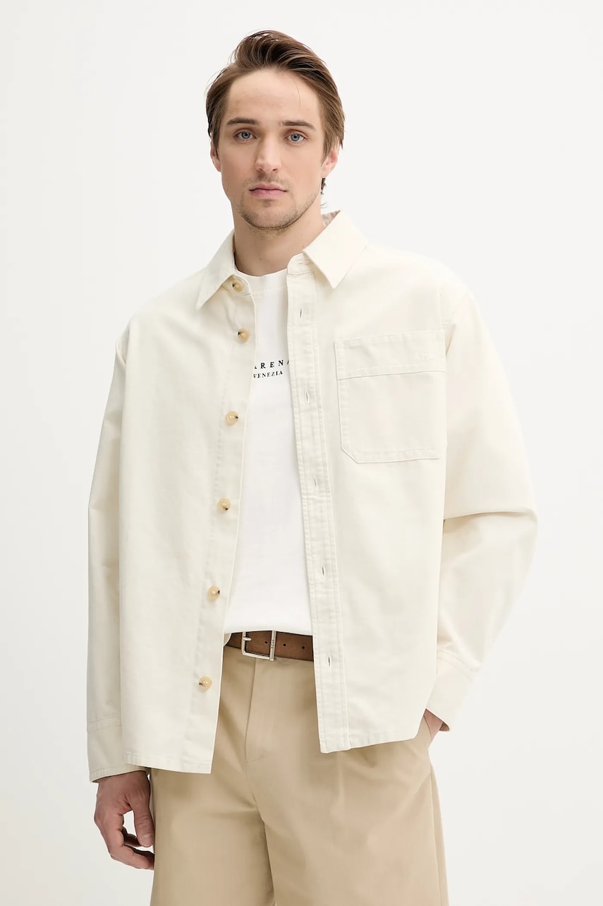 A.P.C. cămașă din bumbac surchemise basile brodee poitrine bărbați, culoarea bej, relaxed, COGBJ.H02918