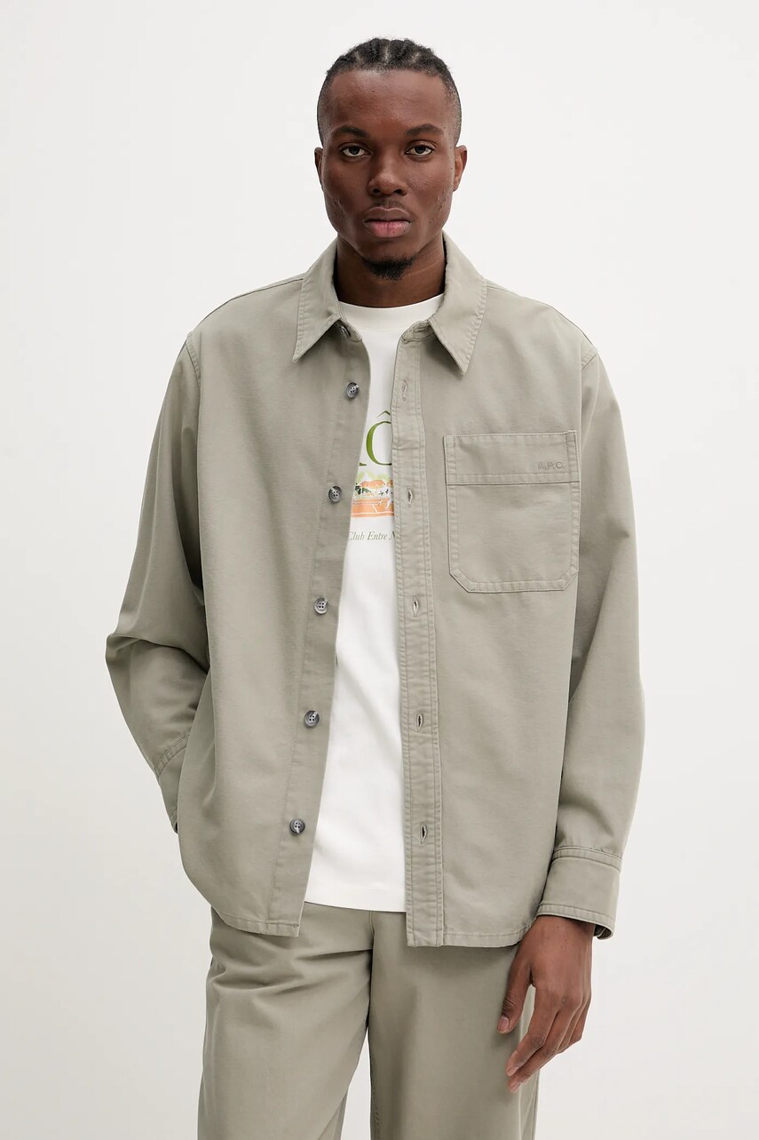 A.P.C. cămașă din bumbac surchemise basile brodee poitrine bărbați, culoarea verde, relaxed, COGBJ.H02918