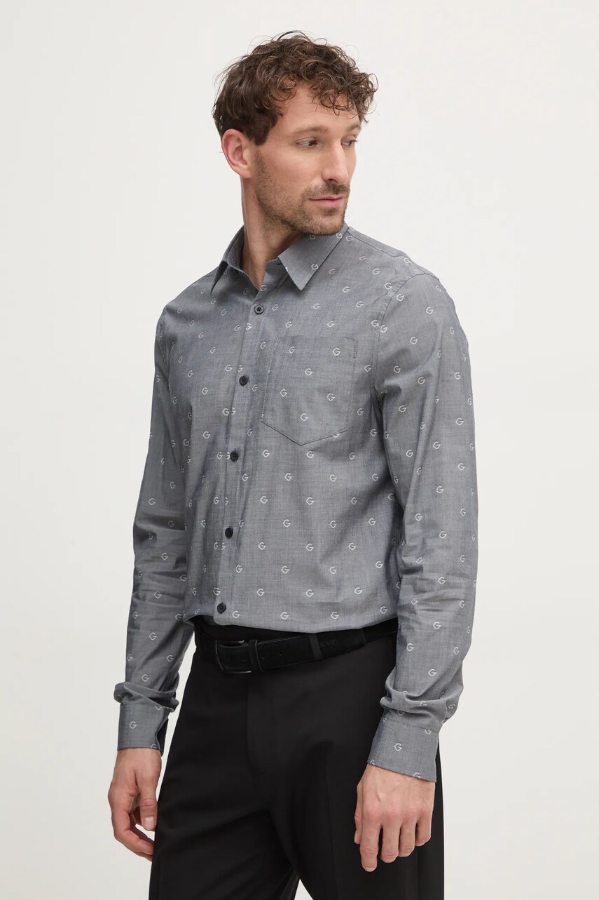 Levně Košile Guess COLLINS pánská, šedá barva, slim, s klasickým límcem, M5RH05 WFXX1