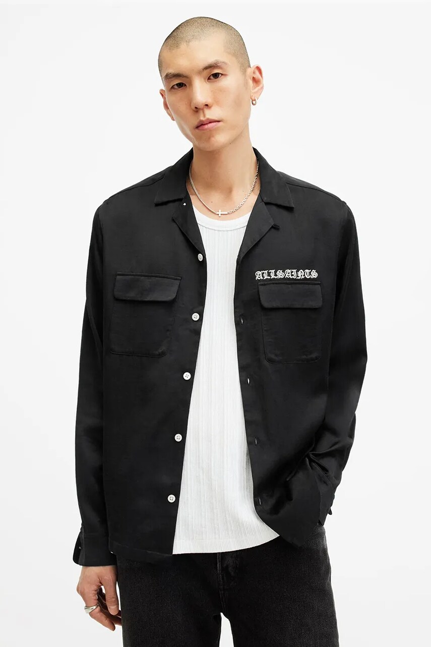 AllSaints cămașă TROYA bărbați, culoarea negru, relaxed, M106SB