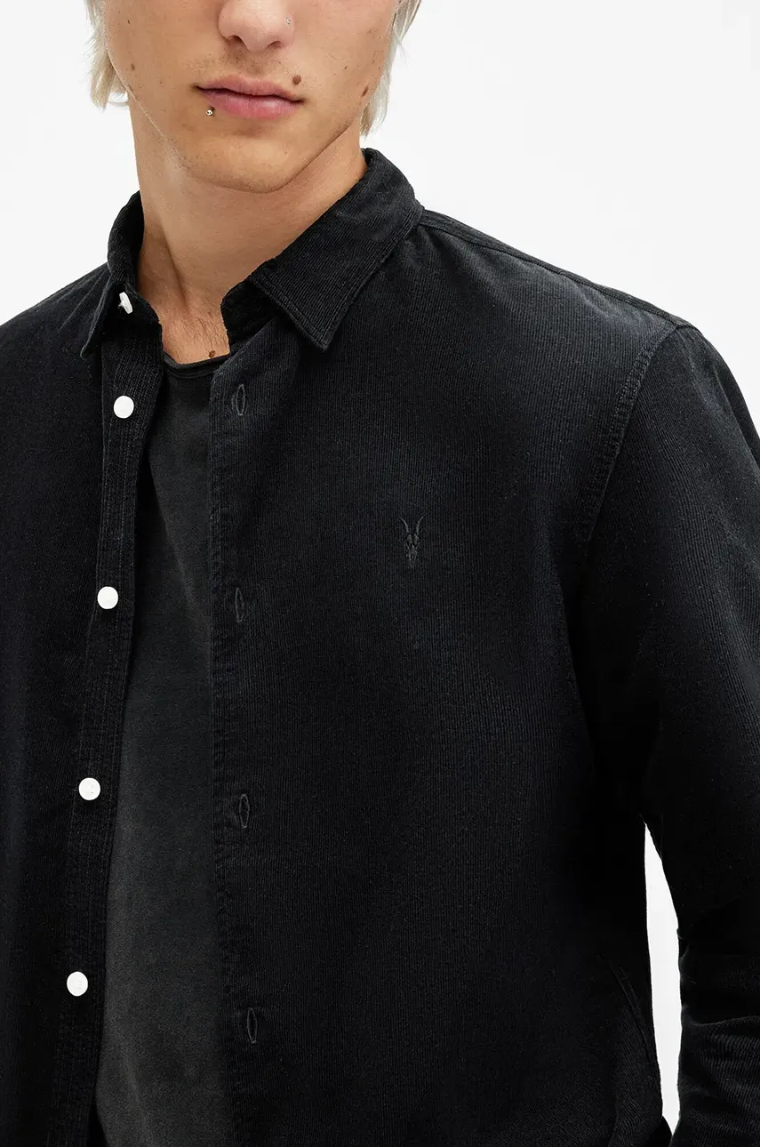 Хлопковая рубашка AllSaints BIRCHWOOD мужская цвет чёрный slim классический воротник M144SB Хлопковая рубашка AllSaints BIRCHWOOD мужская цвет чёрный slim классический воротник M144SB