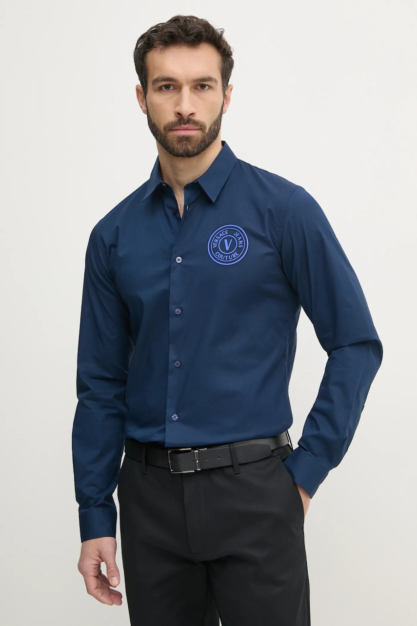 Versace Jeans Couture cămașă din bumbac bărbați, culoarea bleumarin, cu guler clasic, slim, 78GALYS1 CN002