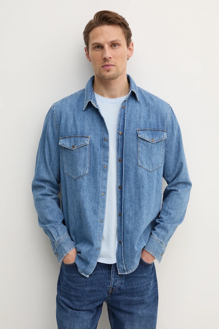 Sisley camasa jeans barbati, cu guler clasic, regular, 53GESQ04G