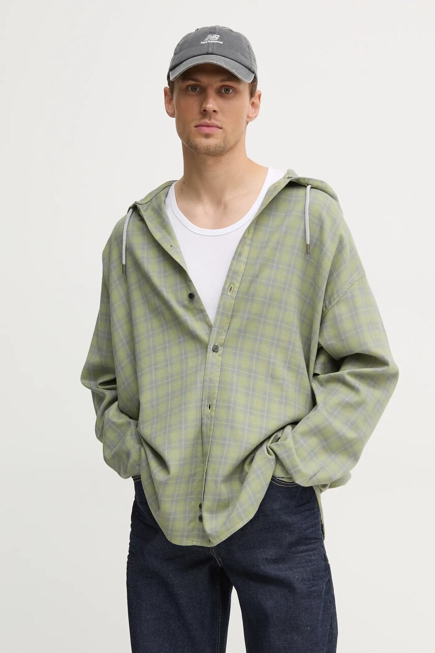 Diesel camasa S-DEWNY-HOOD-B SHIRT barbati, culoarea verde, cu guler stand-up, relaxed, A16214.0TKAG