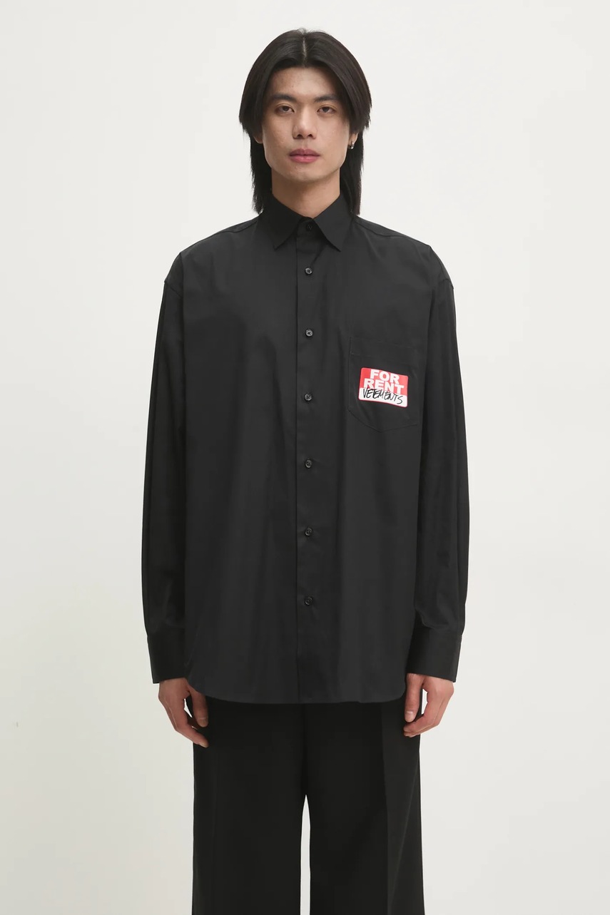 VETEMENTS camasa din bumbac For Rent Classic barbati, culoarea negru, cu guler clasic, relaxed, UA66SH450B