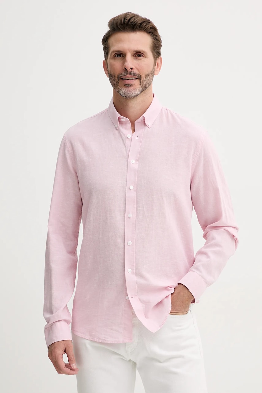 Lindbergh cămașă de in bărbați, culoarea roz, cu guler button-down, relaxed, 30-203344B Lindbergh cămașă de in bărbați, culoarea roz, cu guler button-down, relaxed, 30-203344B