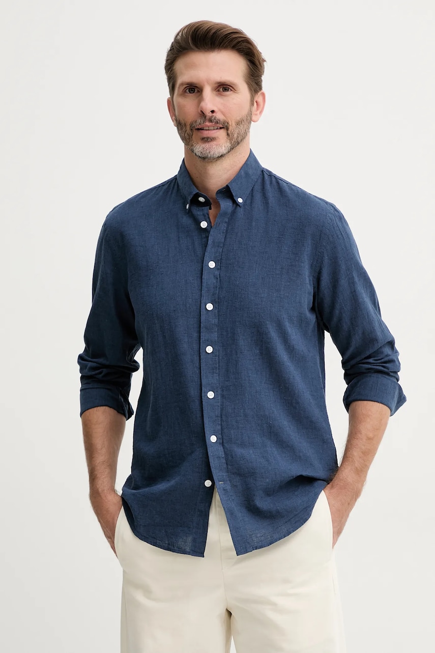 Lindbergh cămașă de in bărbați, culoarea bleumarin, cu guler button-down, relaxed, 30-203344B Lindbergh cămașă de in bărbați, culoarea bleumarin, cu guler button-down, relaxed, 30-203344B