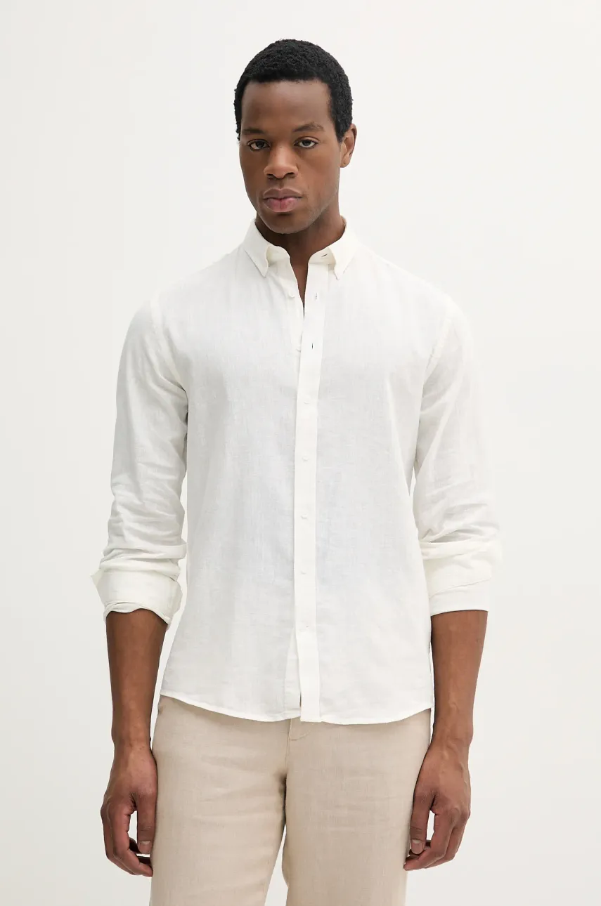 Levně Lněná košile Lindbergh pánská, béžová barva, regular, s límečkem button-down, 30-203344B