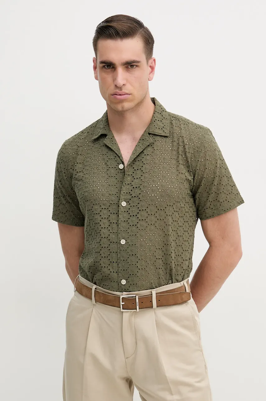 Lindbergh cămașă din bumbac bărbați, culoarea verde, relaxed, 30-203569