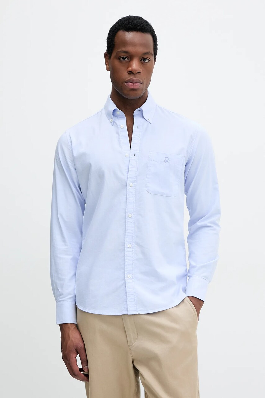 Levně Bavlněná košile United Colors of Benetton pánské, modrá barva, regular, s límečkem button-down, 5FGBUQ05X