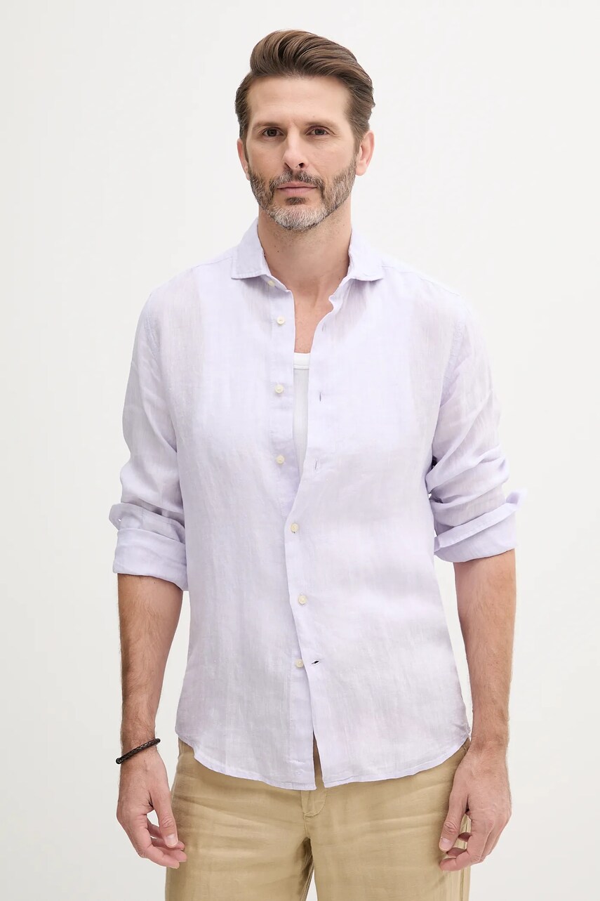 United Colors of Benetton cămașă de in culoarea violet, cu guler italian, slim, 5BKUUQ04Q