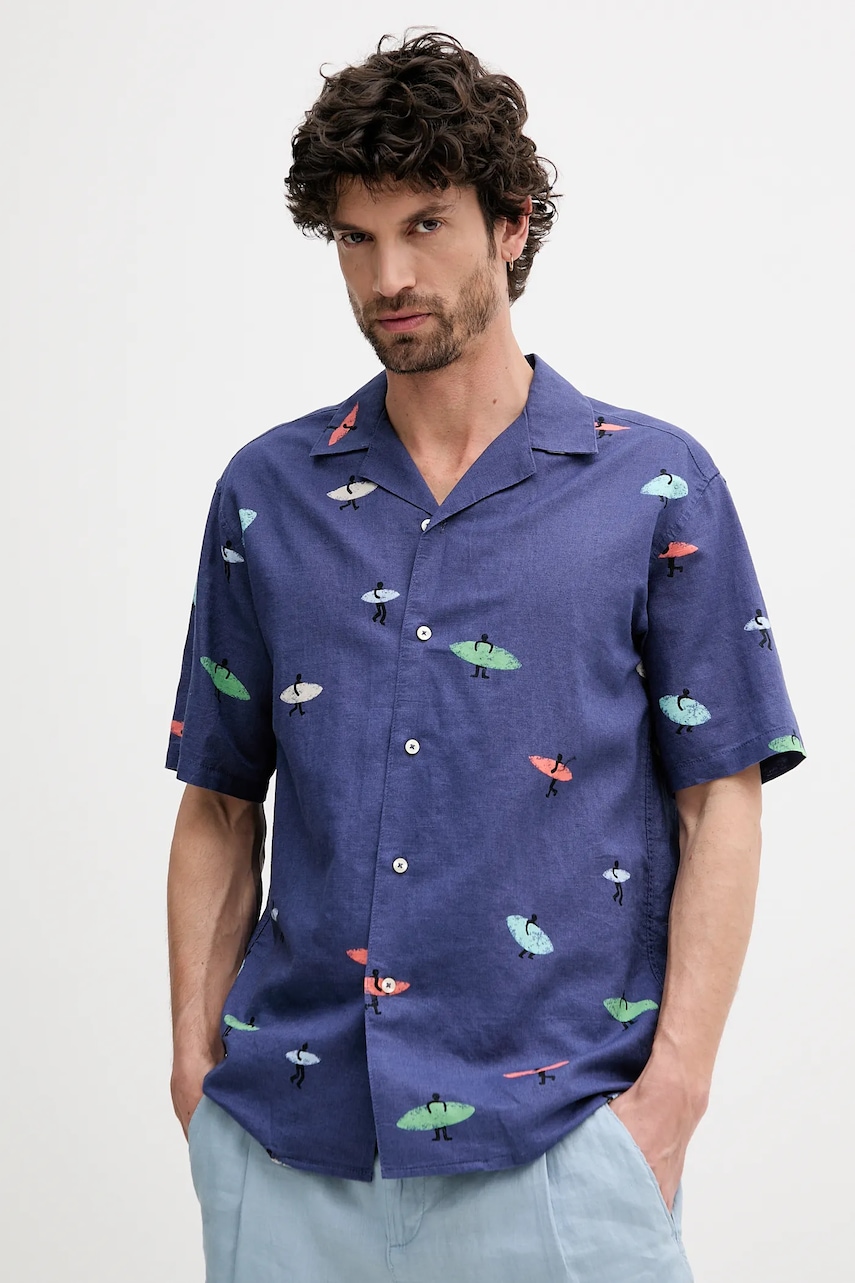 United Colors of Benetton cămașă de in culoarea bleumarin, relaxed, 5HPWUQ05B